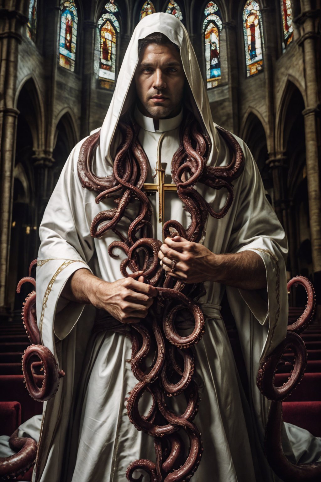 realistic, masterpiece, best quality, cinematic, dynamic lighting, soft shadow, detailed background, photography, depth of field, intricate, detailed face, subsurface scattering, realistic eyes, muscular, manly, photo of a handsome (canadian man), tentacle4rmor, wearing (tentacle) priest robe, surreal, (40 years old), white hair, cross, tabard, church,