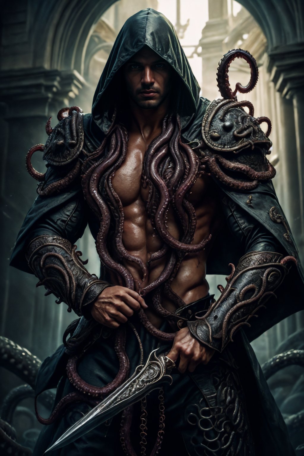 realistic, masterpiece, best quality, cinematic, dynamic lighting, soft shadow, detailed background, photography, depth of field, intricate, detailed face, subsurface scattering, realistic eyes, muscular, manly, photo of a handsome (mexican man), tentacle4rmor, wearing (tentacle) rogue armor, surreal, holding dagger, cloak, hood,