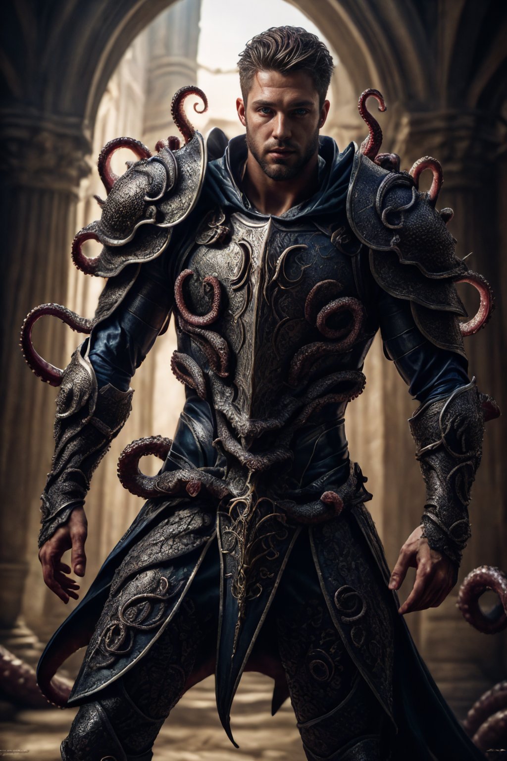 (realistic), (photorealistic), ((masterpiece)), ((best quality)), (detailed), cinematic, dynamic lighting, soft shadow, detailed background, photography, depth of field, intricate, detailed face, subsurface scattering, realistic eyes, muscular, manly, photo of a handsome man, tentacle4rmor, wearing (tentacle) knight armor, surreal,