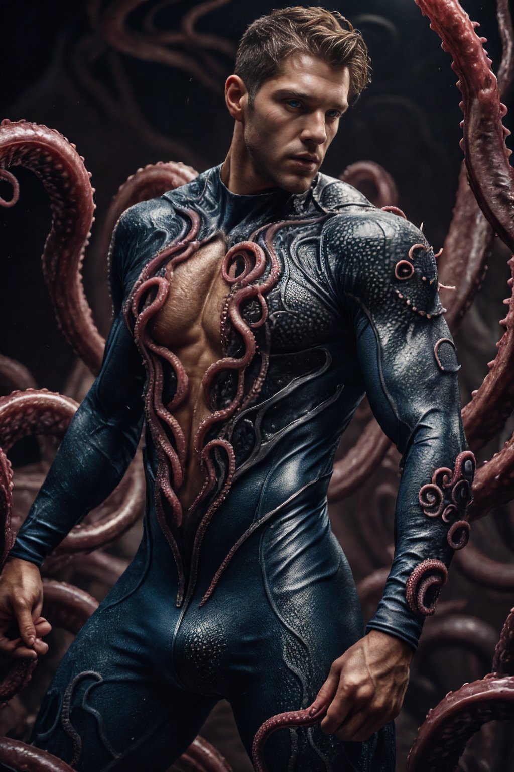 realistic, masterpiece, best quality, cinematic, dynamic lighting, soft shadow, detailed background, photography, depth of field, intricate, detailed face, subsurface scattering, realistic eyes, muscular, manly, photo of a handsome (canadian man), tentacle4rmor, wearing (tentacle) bodysuit, surreal,