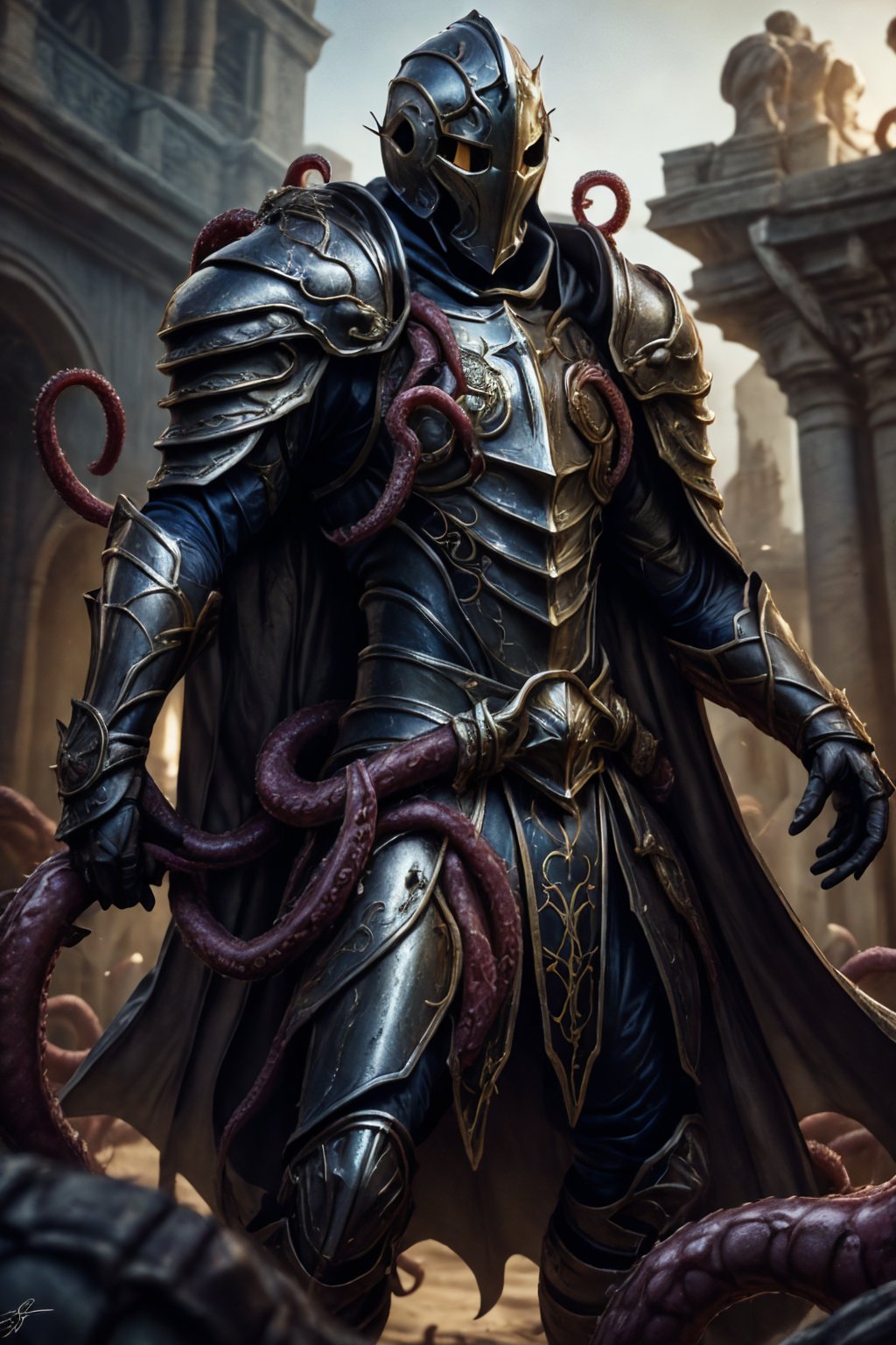 realistic, masterpiece, best quality, cinematic, dynamic lighting, soft shadow, detailed background, photography, depth of field, intricate, detailed face, subsurface scattering, realistic eyes, muscular, manly, photo of a handsome man, tentacle4rmor, wearing (tentacle) paladin armor, surreal, cross, helmet, cape, tentacle shield,