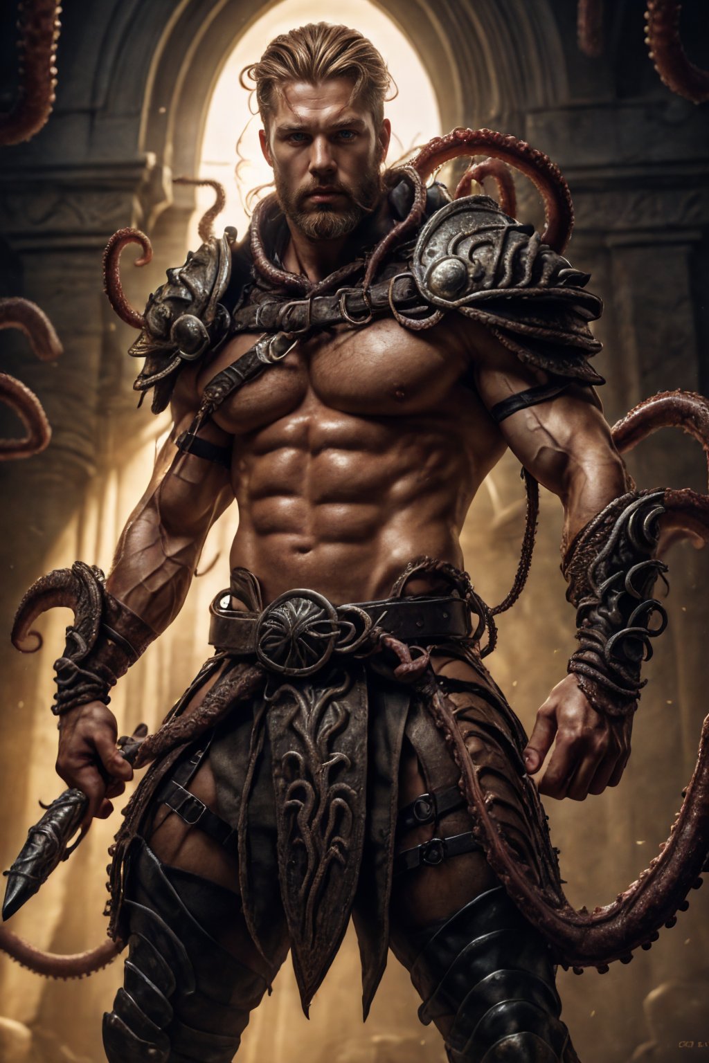 realistic, masterpiece, best quality, cinematic, dynamic lighting, soft shadow, detailed background, photography, depth of field, intricate, detailed face, subsurface scattering, realistic eyes, muscular, manly, photo of a handsome (Scandinavian man), tentacle4rmor, wearing (tentacle) barbarian armor, surreal, holding weapon, harness, pectorals, abs, braid hair,