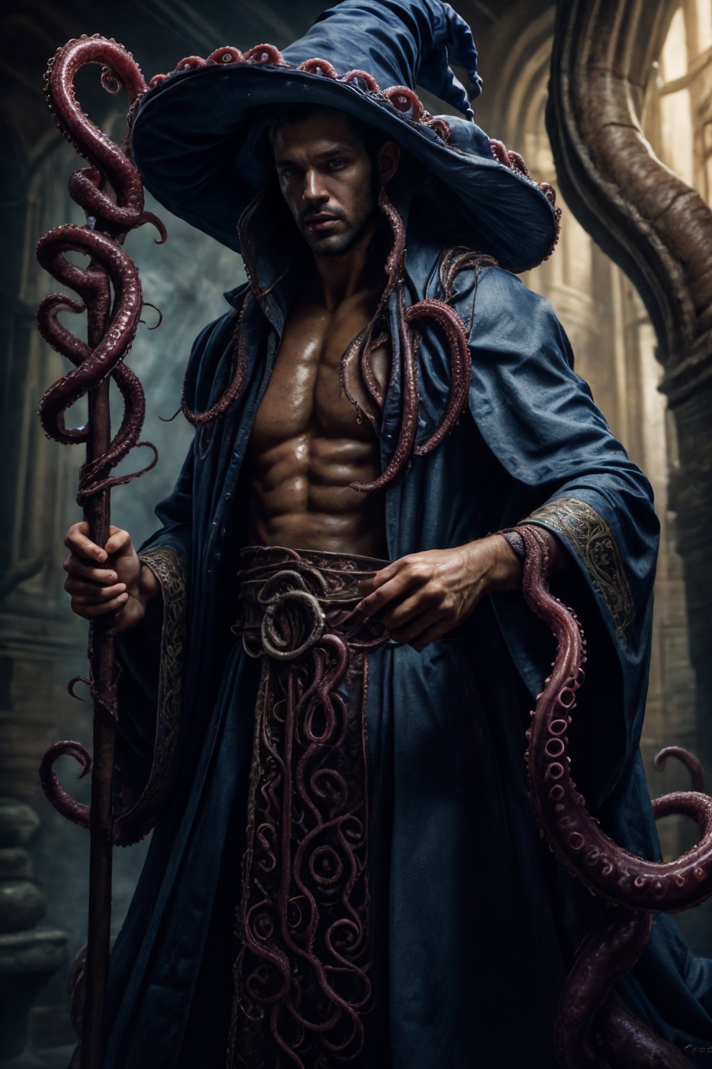 realistic, masterpiece, best quality, cinematic, dynamic lighting, soft shadow, detailed background, photography, depth of field, intricate, detailed face, subsurface scattering, realistic eyes, muscular, manly, photo of a handsome (mexican man), tentacle4rmor, wearing (tentacle) wizard robe, surreal, holding staff, wizard hat, short hair, (40 years old),