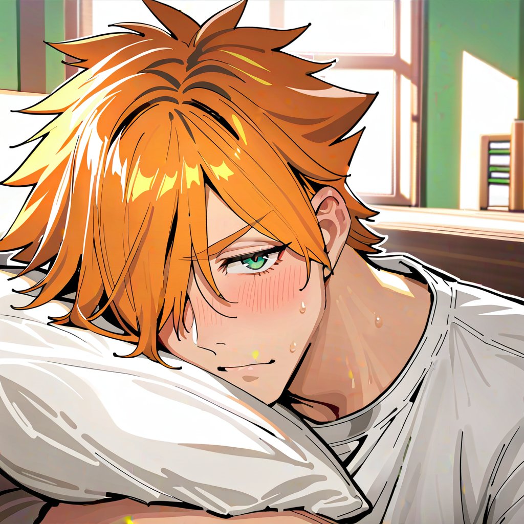 1male,Robin Hood(Fate), ((solo)), (looking_at_viewer),  shy, blush, smile, hold pillow, sweat,
short_hair, orange_hair, spiked hair, green_eyes, ((hair_over_one_eye)), white_blouse,
simple_background, upper_body, indoors,
(perfect detailed face), ((clear face)), detailed eyes, ((clear details)), 
(highly detailed), masterpiece, ((best quality)),  illustrations,