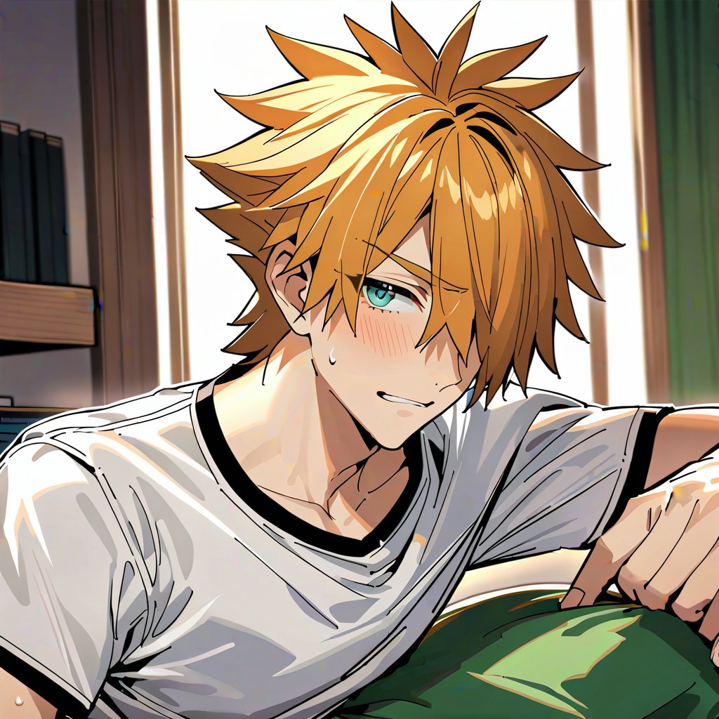 1male,Robin Hood(Fate), ((solo)), (looking_at_viewer),  shy, blush, smile, hold pillow, sweat,
short_hair, orange_hair, spiked hair, green_eyes, ((hair_over_one_eye)), white_blouse,
simple_background, upper_body, indoors,
(perfect detailed face), ((clear face)), detailed eyes, ((clear details)), 
(highly detailed), masterpiece, ((best quality)),  illustrations,