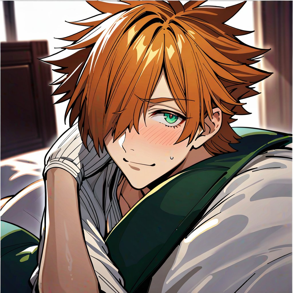 1male,Robin Hood(Fate), ((solo)), (looking_at_viewer),  shy, blush, smile, hold pillow, sweat,
short_hair, orange_hair, spiked hair, green_eyes, ((hair_over_one_eye)), white_blouse,
simple_background, upper_body, indoors,
(perfect detailed face), ((clear face)), detailed eyes, ((clear details)), 
(highly detailed), masterpiece, ((best quality)),  illustrations,