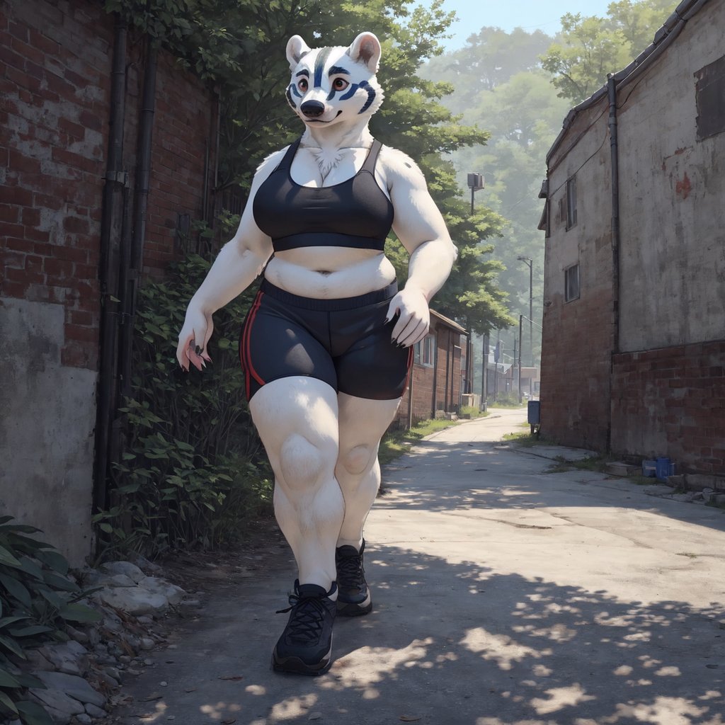 solo female American badger wearing a sports bra and running_shorts, intricately detailed, voluptuous, (walking), proper_hands