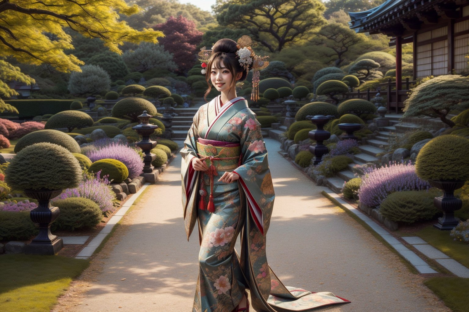 japanese girl in traditional dress, walking  in a garden, looking far away , beautful smile, 
Masterpiece , 
 ,photorealistic,firefliesfireflies