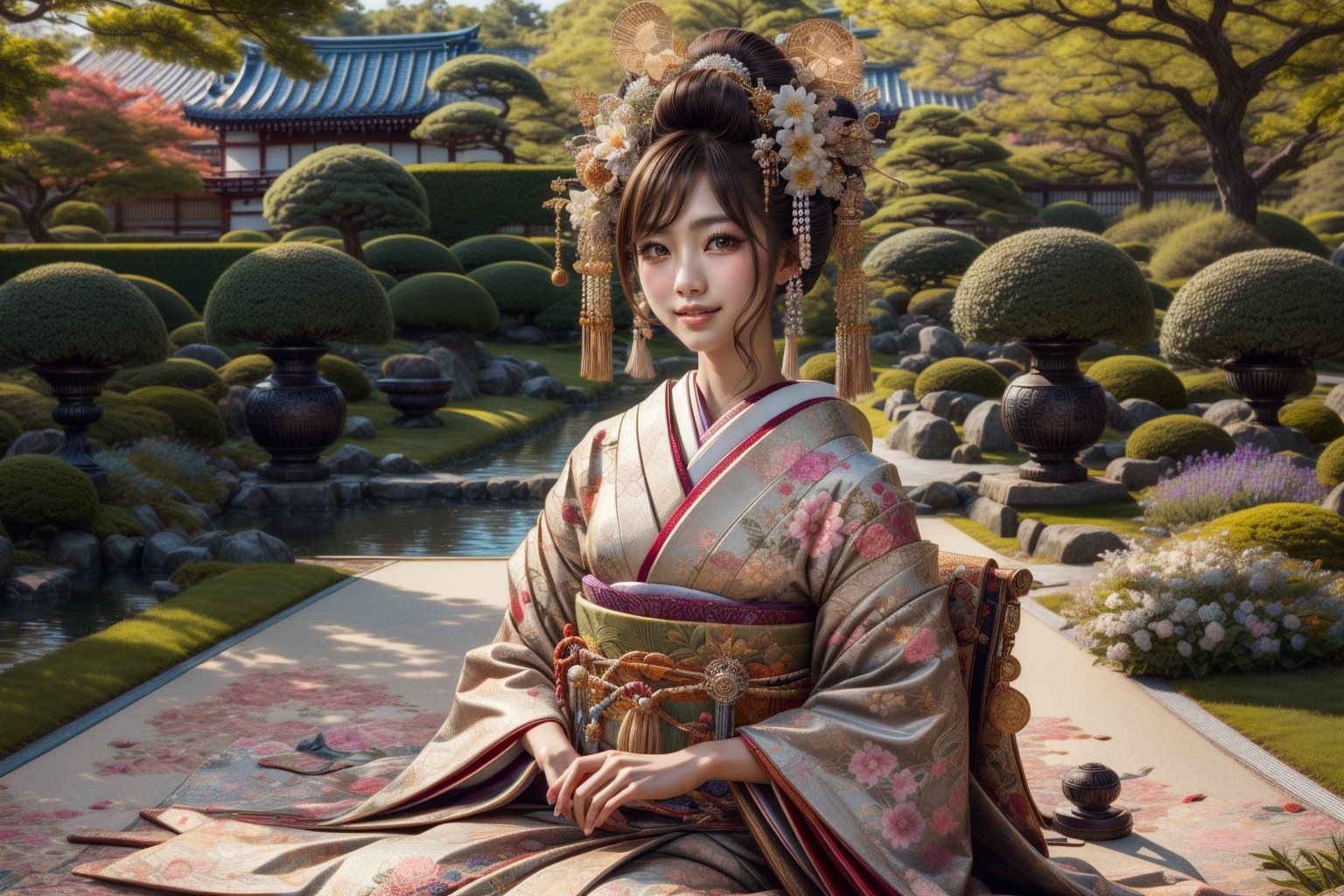 japanese girl in traditional dress, sitting  in a garden, looking far away , beautful smile, 
Masterpiece , 
 ,photorealistic,firefliesfireflies