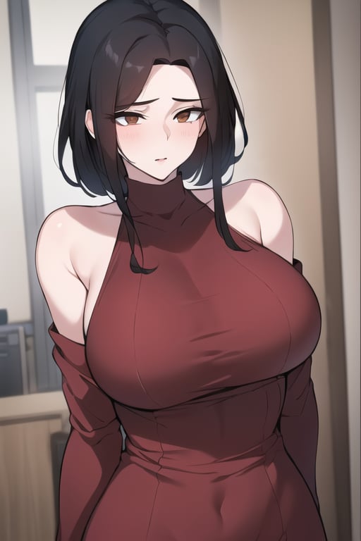 1girl,solo_female,baek_suzy, black-hair,unexpressive,dress,red_dress,turtle_neck,bare_shoulder,breasts,(masterpiece, best quality:1.2,HD,4K,UHD),older_female, adult ,confident ,mature_woman