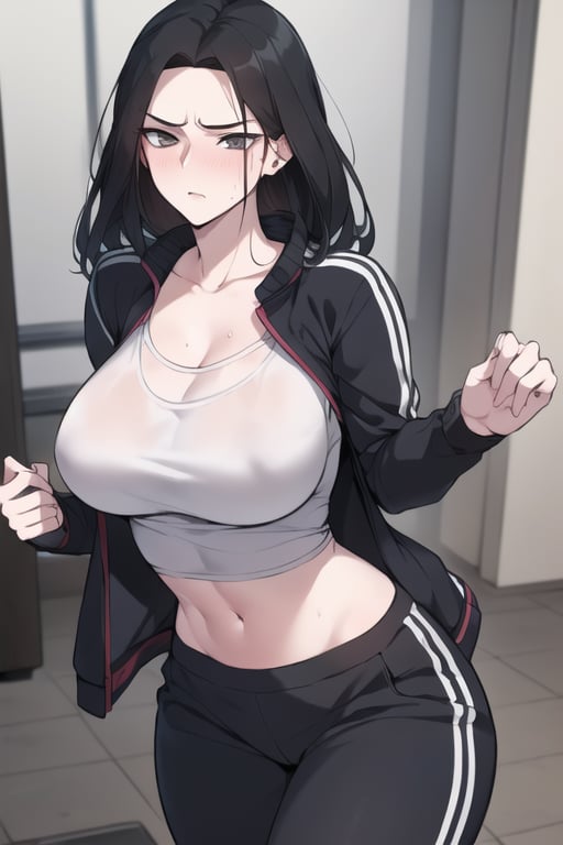 1girl,solo_female,baek_suzy, black-hair, angry,pissed,tracksuit,clevage,tshirt,open_track_jacket,breasts,(masterpiece, best quality:1.2,HD,4K,UHD),older_female, adult ,confident ,mature_woman