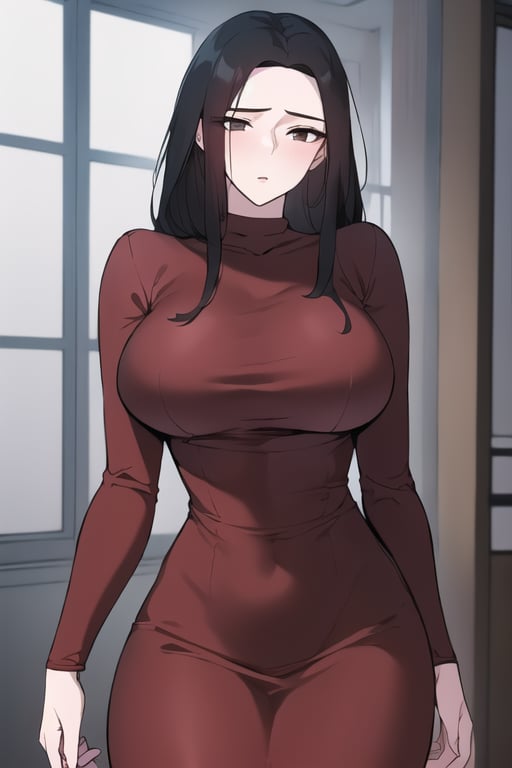 1girl,solo_female,baek_suzy, black-hair,dress,red_dress,turtle_neck,detached_sleeve,breasts,(masterpiece, best quality:1.2,HD,4K,UHD),older_female, adult ,confident ,mature_woman
