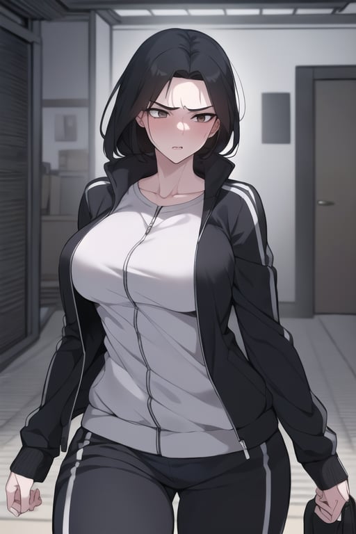 1girl,solo_female,baek_suzy, black-hair, angry,pissed,tracksuit,open_track_jacket,breasts,(masterpiece, best quality:1.2,HD,4K,UHD),older_female, adult ,confident ,mature_woman