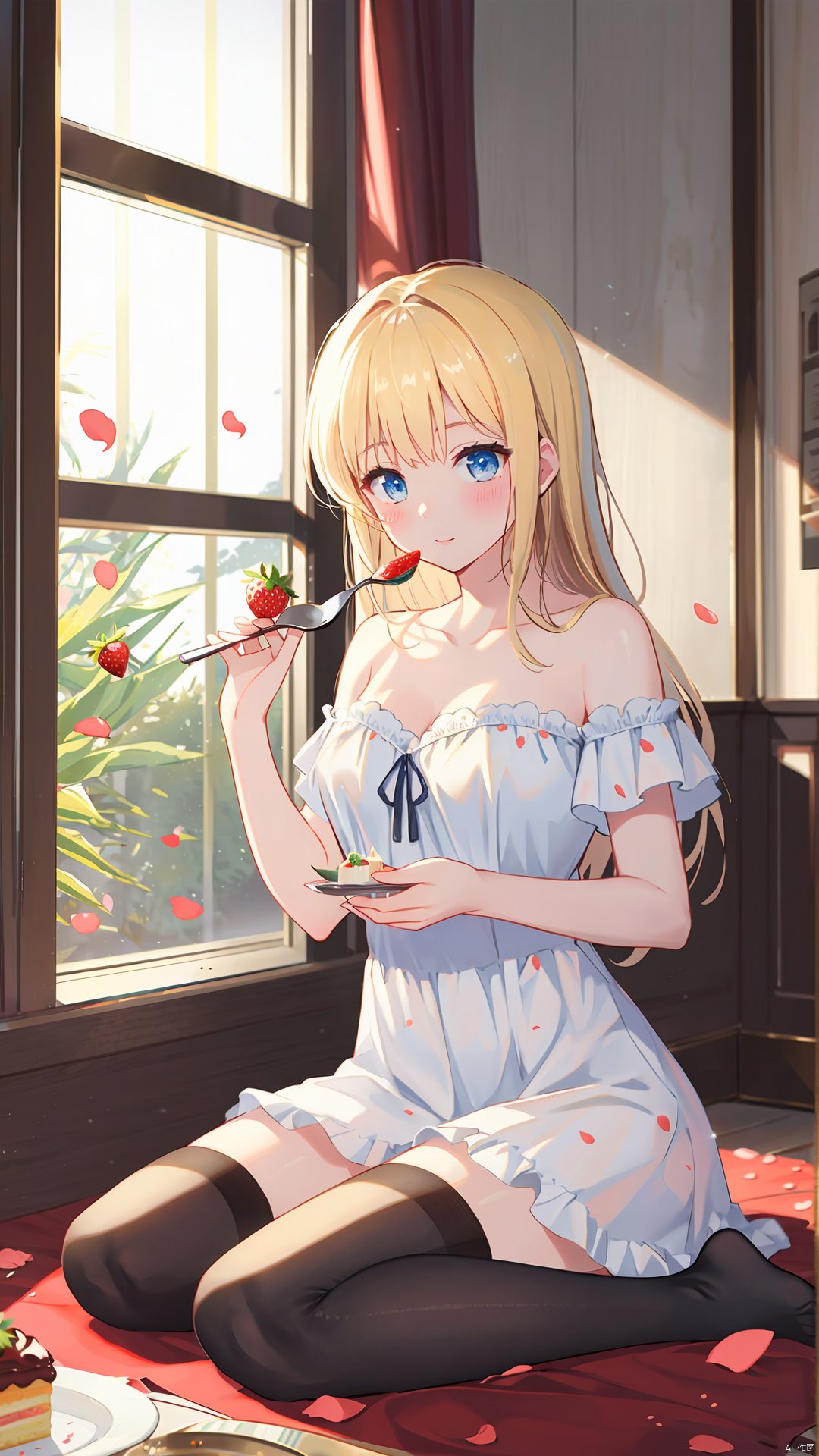 1girl, solo, food, thighhighs, blonde hair, breasts, blue eyes, dress, long hair, white thighhighs, fork, fruit, white dress, strawberry, cleavage, looking at viewer, sitting, indoors, frilled dress, bangs, flower, collarbone, cake, no shoes, frills, blush, medium breasts, window, holding, wariza, very long hair, rose, petals