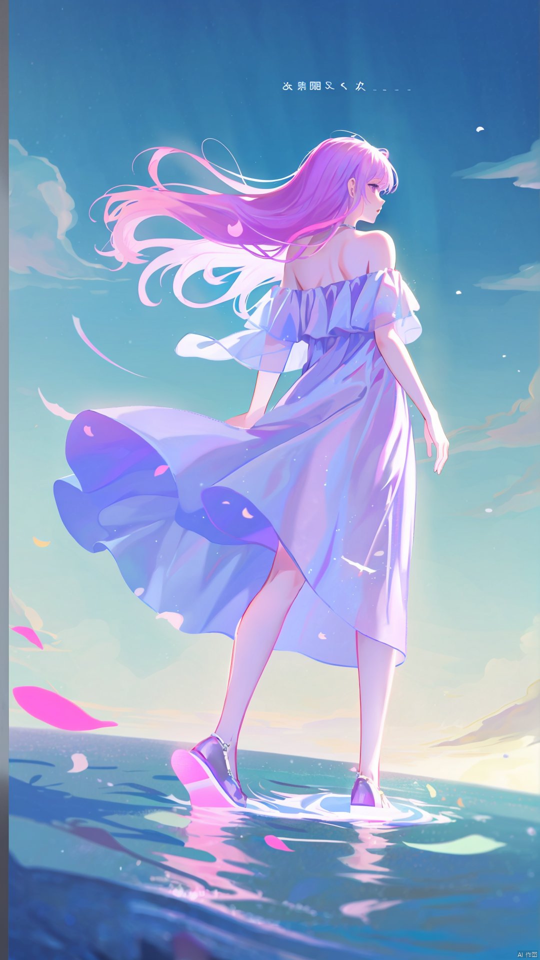  1girl, solo, long hair, dress, bare shoulders, purple eyes, collarbone,full body, pink hair, parted lips, off shoulder, white dress, floating hair, looking away, wind