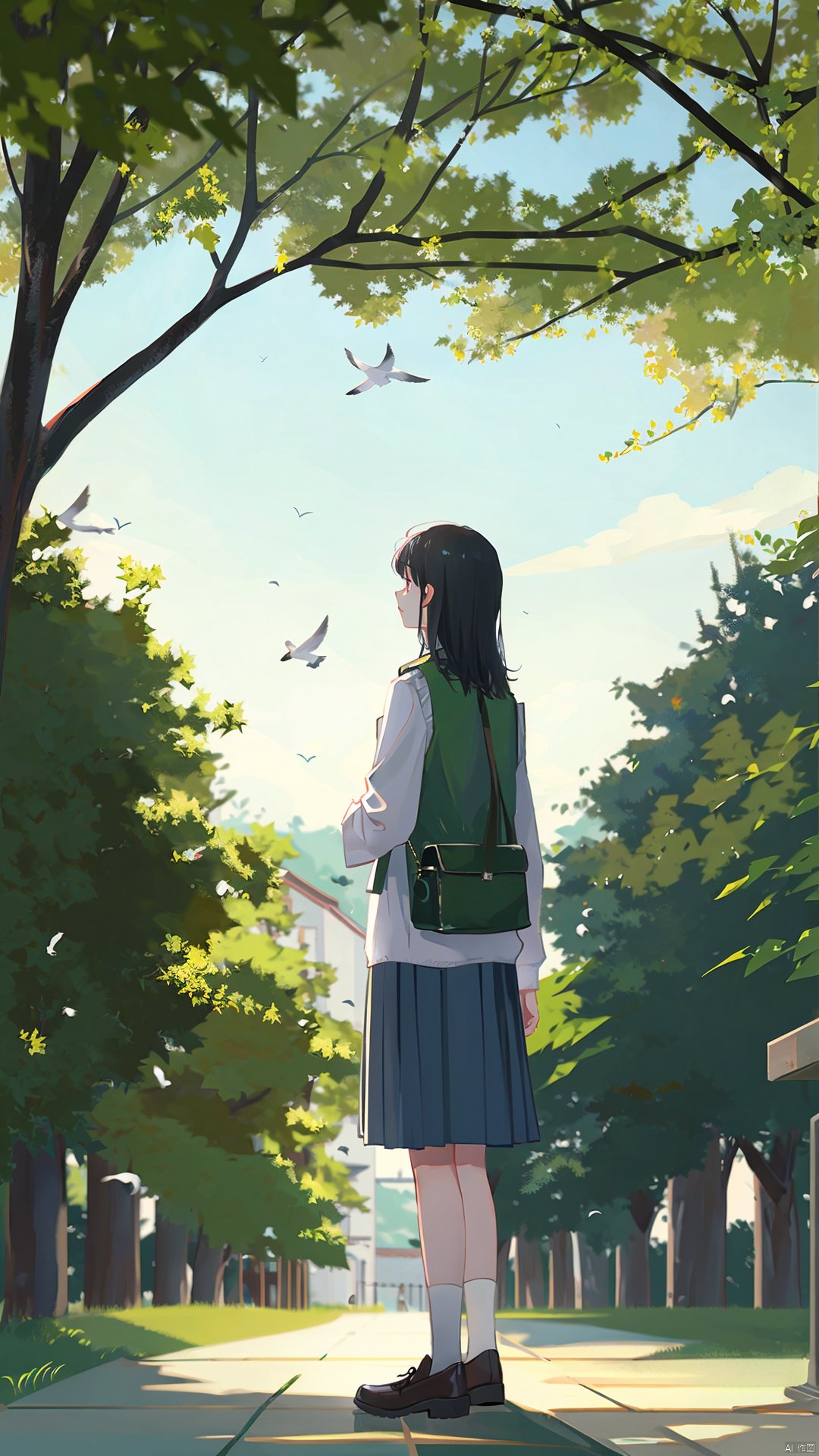 1girl, bird, solo, outdoors, black hair, tree, skirt, long hair, vest, long sleeves