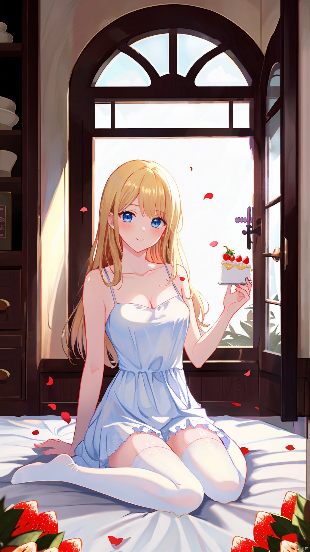  1girl, solo, food, thighhighs, blonde hair, breasts, blue eyes, dress, long hair, white thighhighs, fork, fruit, white dress, strawberry, cleavage, looking at viewer, sitting, indoors, frilled dress, bangs, flower, collarbone, cake, no shoes, frills, blush, medium breasts, window, holding, wariza, very long hair, rose, petals