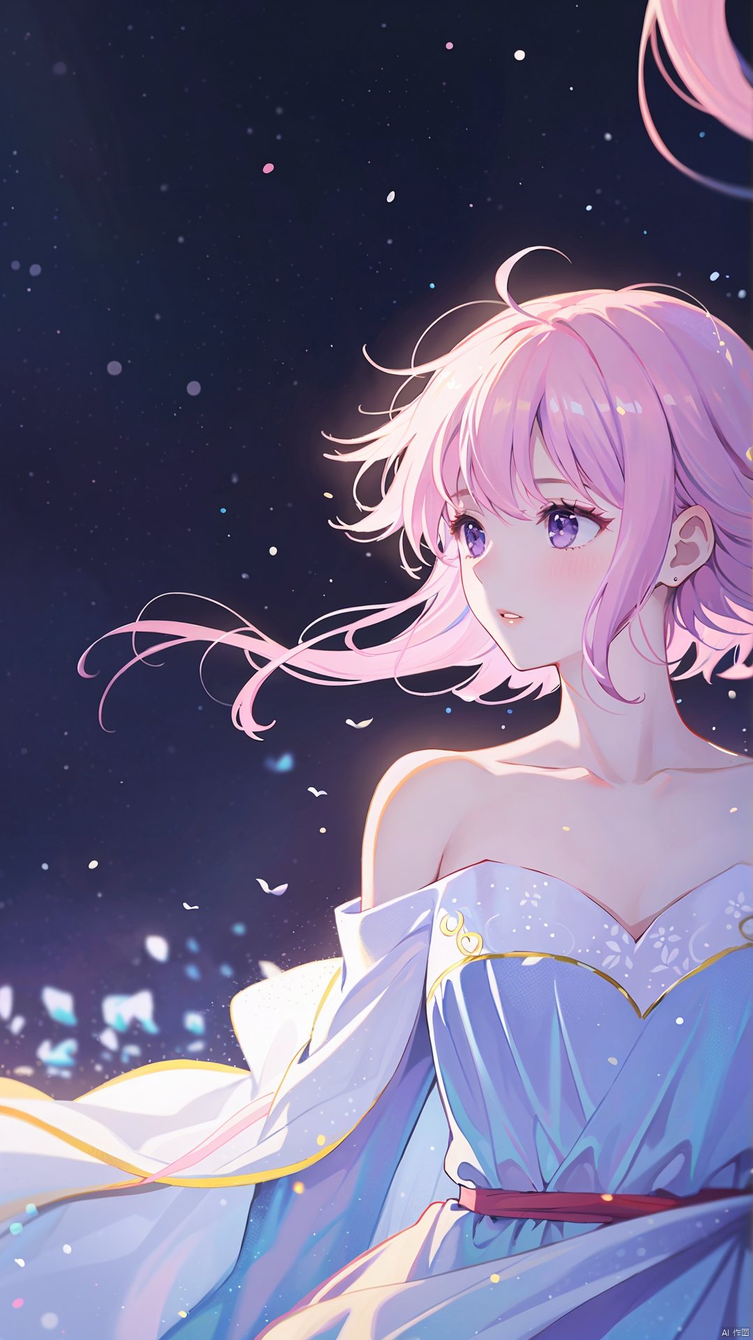  1girl, solo, long hair, dress, bare shoulders, purple eyes, collarbone, upper body, pink hair, parted lips, off shoulder, white dress, floating hair, looking away, wind