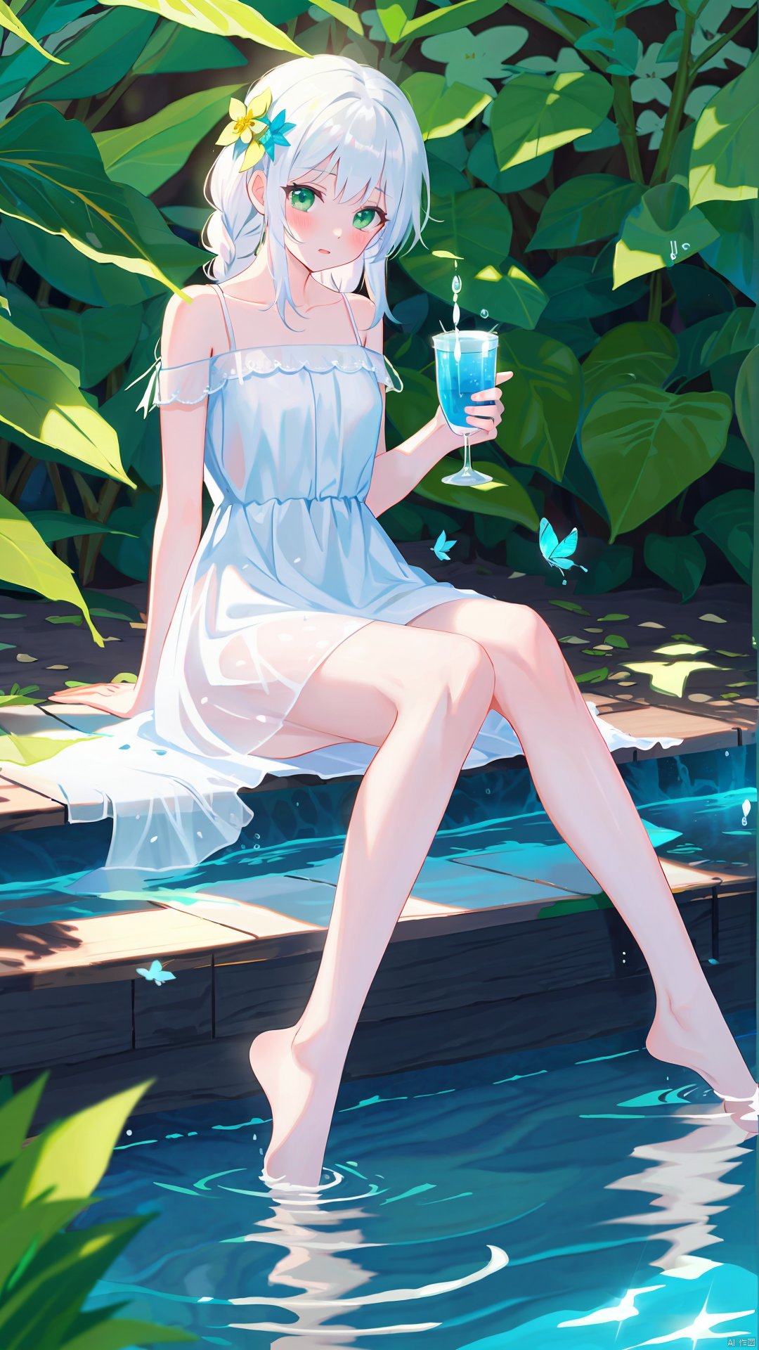 1girl, flower, feet, hair flower, barefoot, green eyes, hair ornament, toes, long hair, solo, soles, white dress, cup, holding cup, dress, butterfly, bare legs, bug, holding, blush, looking at viewer, white hair, legs, bangs, sitting, foot focus, braid, water, bare shoulders