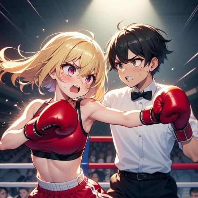 (((masterpiece))), (((best quality))), (((full bdoy))), (((boxing))), (((punching))), (((impact))), (((attack face))), (((2girl in sport bra is boxer stand on arena))), ((1boy in bowtie is referee  stand on arena)), ((spiral wind on red gloves)), crowd, lights, speed lines, face bleed, face Injuried, ((big tits)), miosis, ribbon, black hair, blonde hair, gritting teeth, sweat, shy, blush, slim figure, <lora:girllikeboxing:0.8>