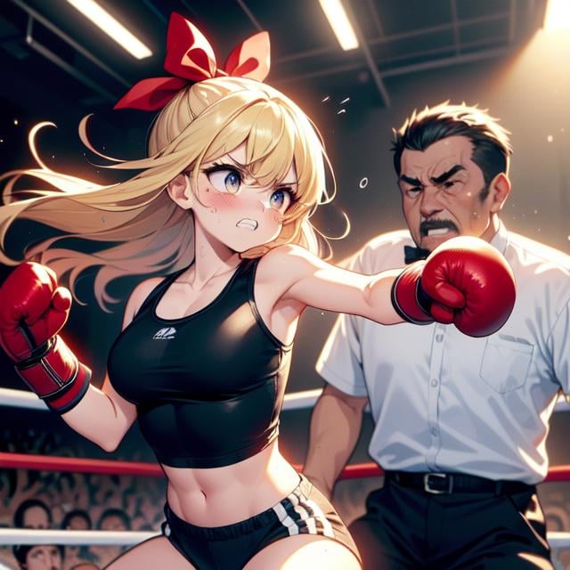 (((masterpiece))), (((best quality))), (((full bdoy))), (((boxing))), ((punching)), ((impact)), ((attack face)), ((2girl in sport bra is boxer stand on arena)),  ((1boy in bowtie is referee  stand on arena)), ((spiral wind on red gloves)), crowd, lights, speed lines, face bleed, face Injuried, big tits, miosis, ribbon, black shorthair, blonde longhair, gritting teeth, sweat, shy, blush, slim figure, <lora:girllikeboxing:0.8>