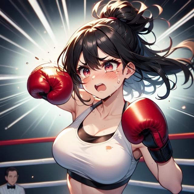 (((masterpiece))), (((best quality))), (((full bdoy))), (((boxing))), (((punching))), (((impact))), (((attack face))), (((2girl in sport bra is boxer stand on arena))), ((1boy in bowtie is referee  stand on arena)), ((spiral wind on red gloves)), crowd, lights, speed lines, face bleed, face Injuried, ((big tits)), miosis, tears, crying, ribbon, black hair, blonde hair, gritting teeth, sweat, shy, blush, slim figure, <lora:girllikeboxing:0.8>