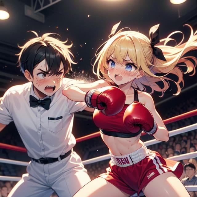 (((masterpiece))), (((best quality))), (((full bdoy))), (((boxing))), (((punching))), (((impact))), (((attack face))), (((2girl in sport bra is boxer stand on arena))), ((1boy in bowtie is referee  stand on arena)), ((spiral wind on red gloves)), crowd, lights, speed lines, face bleed, face Injuried, ((big tits)), miosis, tears, crying, ribbon, black hair, blonde hair, gritting teeth, sweat, shy, blush, slim figure, <lora:girllikeboxing:0.8>