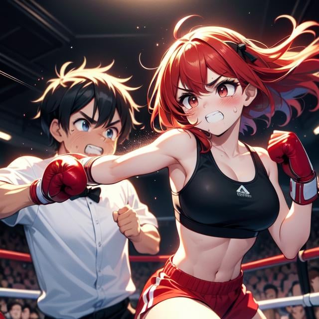 (((masterpiece))), (((best quality))), (((full bdoy))), (((boxing))), (((punching))), (((impact))), (((attack face))), (((2girl in sport bra is boxer stand on arena))), ((1boy in bowtie is referee  stand on arena)), ((spiral wind on red gloves)), crowd, lights, speed lines, face bleed, face Injuried, ((big tits)), miosis, ribbon, black hair, blonde hair, gritting teeth, sweat, shy, blush, slim figure, <lora:girllikeboxing:0.8>