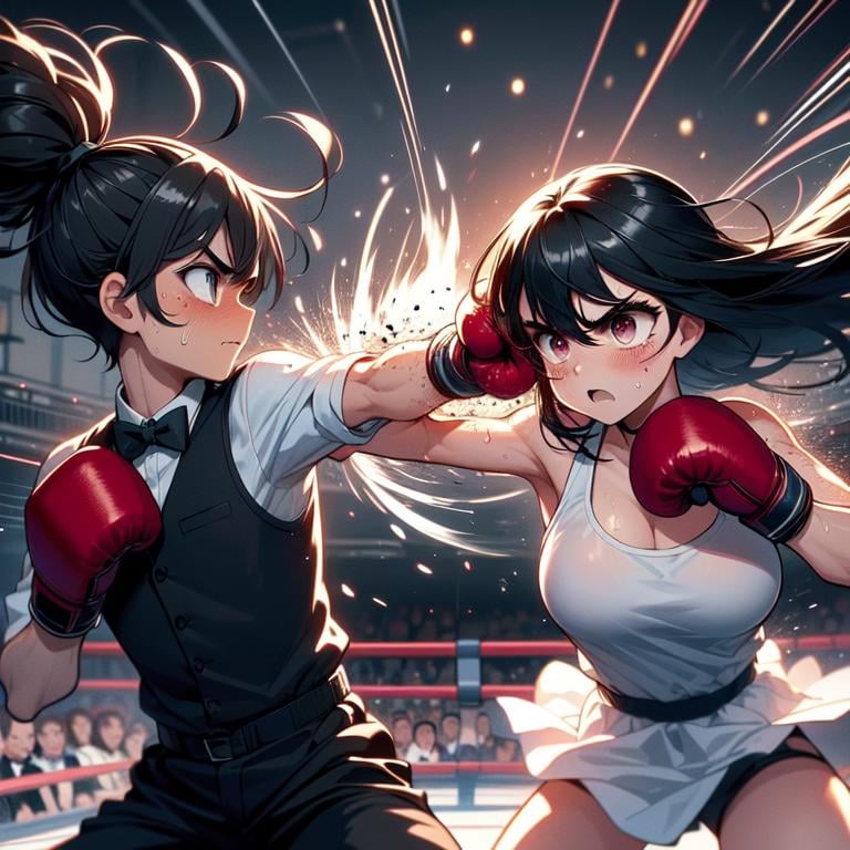 (((masterpiece))), (((best quality))), (((boxing))), (((punching))), ((duel)), ((battle)), (((spiral wind))), ((eye contact)), (((attack face))), (((1boy wear bowtie))), (2girl wear black sport bra),  red gloves, arena, crowd, lights, (((speed lines))), ((wind)), (((face bleed))), (((face Injuried))), ((big tits)), (((miosis))), ribbon, shorthair, longhair, gritting teeth, ((sweat)), shy, blush, slim figure,<lora:girllikeboxing:1>