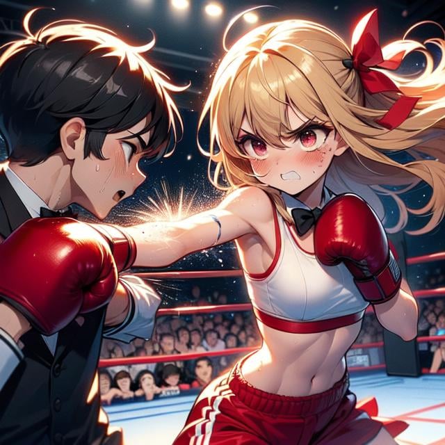 (((masterpiece))), (((best quality))), (((boxing))), ((punching)), ((impact)), attack face, 2girl in sport bra is boxer, spiral wind on red gloves, crowd, lights, speed lines, face bleed, face Injuried, big tits, miosis, ribbon, black shorthair, blonde longhair, gritting teeth, sweat, shy, ((blush, slim figure, 1boy in bowtie is referee  on arena,<lora:girllikeboxing:1>