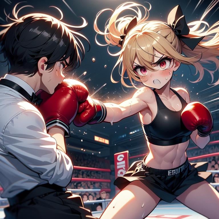 (((masterpiece))), (((best quality))), (((boxing))), (((punching))), ((duel)), ((battle)), (((spiral wind))), ((eye contact)), (((attack abs))), ((1boy wear bowtie)), ((2girl wear black sport bra)), (red gloves), arena, crowd, lights, (((speed lines))), ((wind)), (((face bleed))), (((face Injuried))), ((big tits)), (((miosis))), ribbon, black shorthair, blonde longhair, gritting teeth, ((sweat)), shy, blush, slim figure, <lora:girllikeboxing:1>