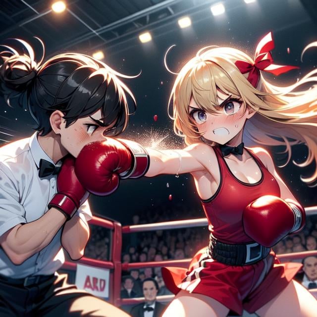 (((masterpiece))), (((best quality))), (((boxing))), ((punching)), ((impact)), attack face, 2girl in sport bra is boxer, spiral wind on red gloves, crowd, lights, speed lines, face bleed, face Injuried, big tits, miosis, ribbon, black shorthair, blonde longhair, gritting teeth, sweat, shy, ((blush, slim figure, 1boy in bowtie is referee  on arena,<lora:girllikeboxing:1>