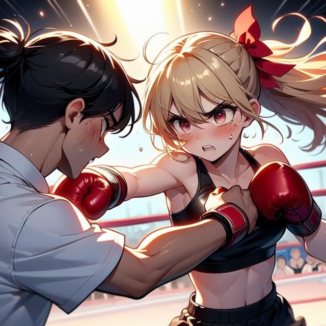 (((masterpiece))), (((best quality))), (((boxing))), ((punching)), ((impact)), attack face, 2girl in sport bra is boxer, spiral wind on red gloves, crowd, lights, speed lines, face bleed, face Injuried, big tits, miosis, ribbon, black shorthair, blonde longhair, gritting teeth, sweat, shy, ((blush, slim figure, 1boy is referee on arena,<lora:girllikeboxing:1>