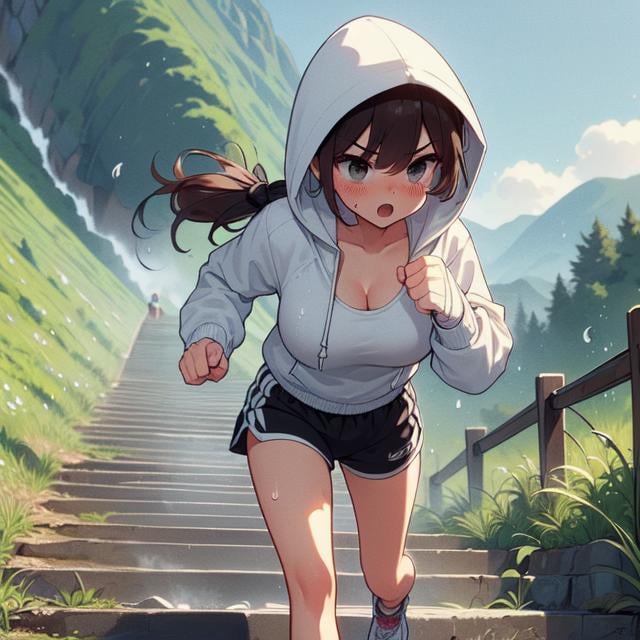 (((masterpiece))), (((best quality))), (((jogging))), (((punching))), ((river)), ((embankment)), ((steep grassy slope)), bandage wrapped hands, ((band-aid)), ((hood covering head)), ((white hooded jacket)), sports shorts, sweat, gasp, wind, solo, 1girl, ((cleavage)), (((big tits))), brown ponytail, ribbon, open mouth, shy, blush, slim figure, drizzle, bridge, ((step on steps)), (((outstretched fist))), <lora:girllikejogging:1>