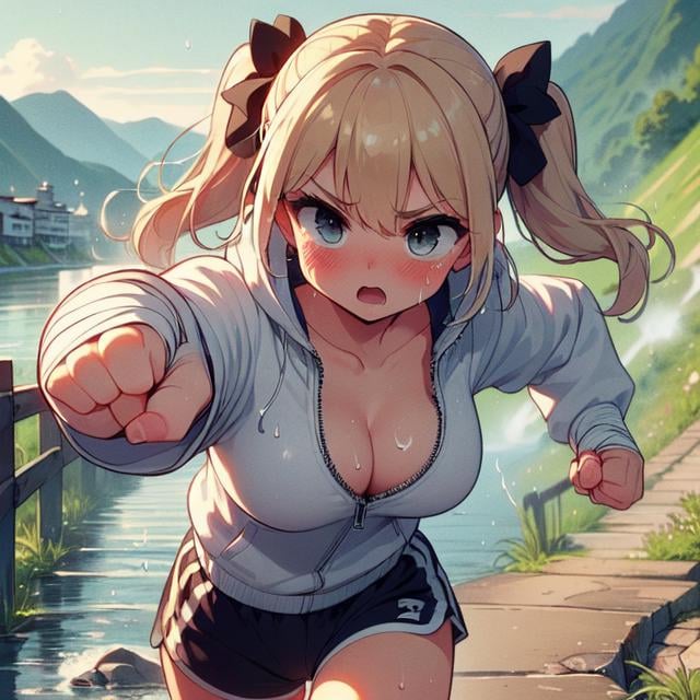 (((masterpiece))), (((best quality))), (((jogging))), (((punching))), ((river)), ((embankment)), ((steep grassy slope)), bandage wrapped hands, band-aid, hooded jacket, sports shorts, sweat, gasp, wind, solo, 1girl, ((cleavage)), (((big tits))), blonde twintails, ribbon, open mouth, shy, blush, slim figure, drizzle, bridge, (((outstretched fist))), <lora:girllikejogging:1>