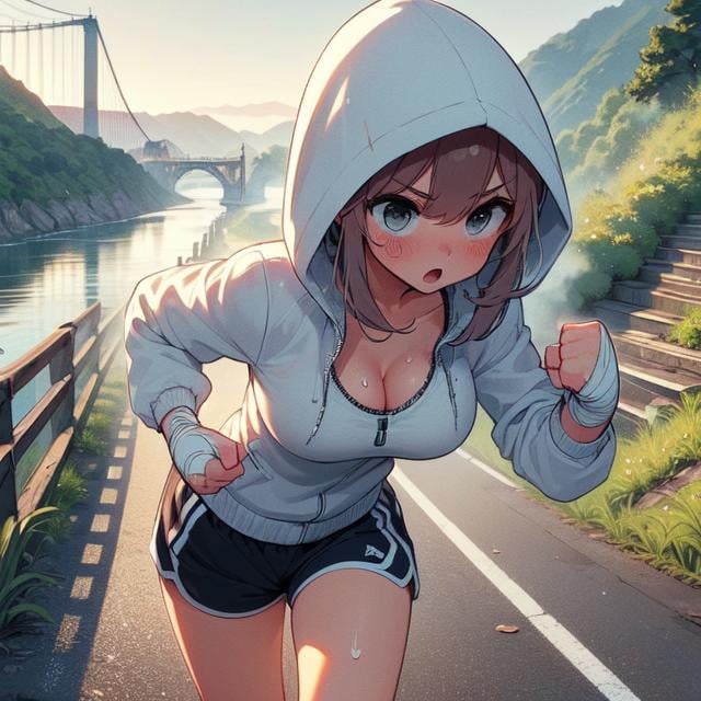 (((masterpiece))), (((best quality))), (((jogging))), (((punching))), ((river)), ((embankment)), ((steep grassy slope)), bandage wrapped hands, band-aid, hooded jacket, sports shorts, sweat, gasp, wind, solo, 1girl, ((cleavage)), (((big tits))), ribbon, open mouth, shy, blush, slim figure, drizzle, bridge, (((straight punch))), <lora:girllikejogging:1>