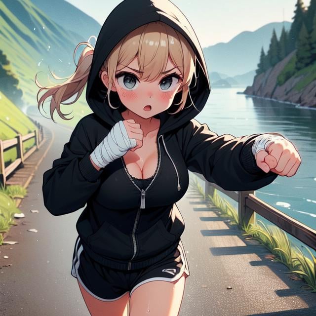 (((masterpiece))), (((best quality))), (((jogging))), (((punching))), ((river)), ((embankment)), ((steep grassy slope)), bandage wrapped hands, ((band-aid)), ((hood covering head)), ((black hooded jacket)), sports shorts, sweat, gasp, wind, solo, 1girl, ((cleavage)), (((big tits))), blonde twintails, ribbon, open mouth, shy, blush, slim figure, drizzle, bridge, step on steps, (((outstretched fist))), <lora:girllikejogging:1>