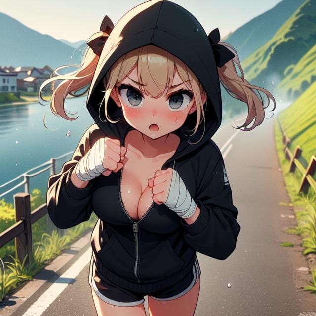 (((masterpiece))), (((best quality))), (((jogging))), (((punching))), ((river)), ((embankment)), ((steep grassy slope)), bandage wrapped hands, band-aid, ((hood covering head)), ((black hooded jacket)), sports shorts, sweat, gasp, wind, solo, 1girl, ((cleavage)), (((big tits))), blonde twintails, ribbon, open mouth, shy, blush, slim figure, drizzle, bridge, (((outstretched fist))), <lora:girllikejogging:1>