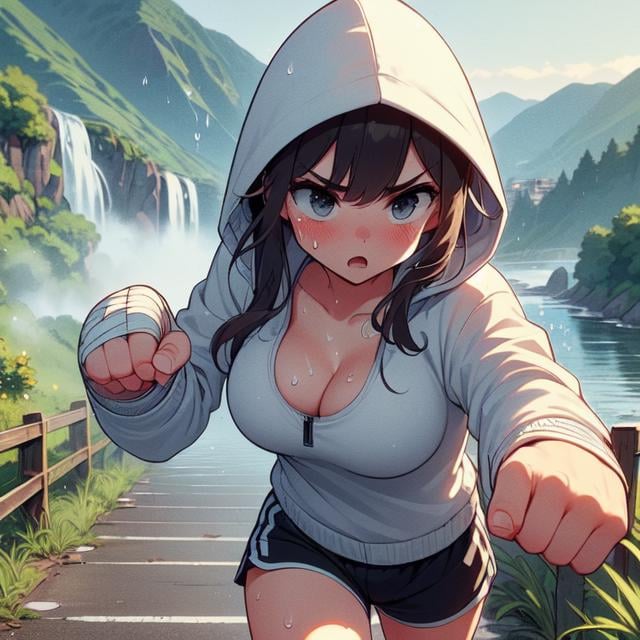 (((masterpiece))), (((best quality))), (((jogging))), (((punching))), ((river)), ((embankment)), ((steep grassy slope)), bandage wrapped hands, band-aid, hooded jacket, sports shorts, sweat, gasp, wind, solo, 1girl, ((cleavage)), (((big tits))), ribbon, open mouth, shy, blush, slim figure, drizzle, bridge, (((outstretched fist))), <lora:girllikejogging:1>