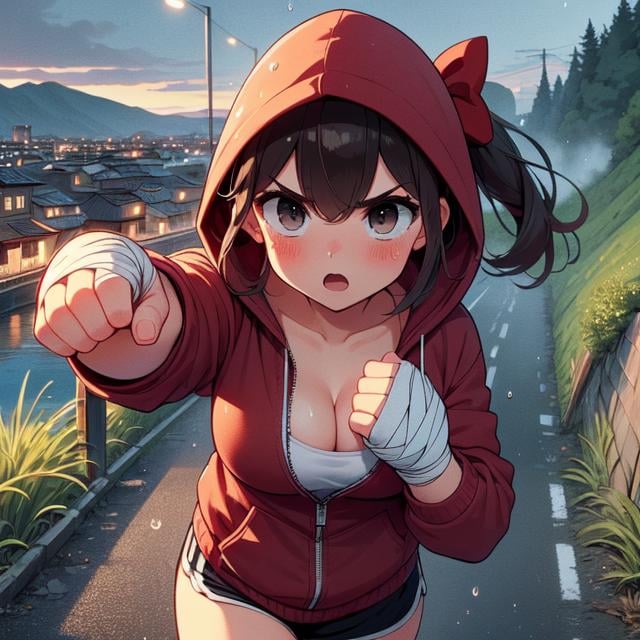 (((masterpiece))), (((best quality))), (((jogging))), (((punching))), ((river)), ((embankment)), (((steep grassy slope))), ((trees)), ((bandage wrapped hands)), ((band-aid)), ((hood covering head)), ((red hooded jacket)), sports shorts, sweat, gasp, wind, solo, 1girl, ((cleavage)), (((big tits))), brown ponytail, ribbon, open mouth, shy, blush, slim figure, ((drizzle)), bridge, (((outstretched fist))), night, road lights, ship, citytown, <lora:girllikejogging:1>