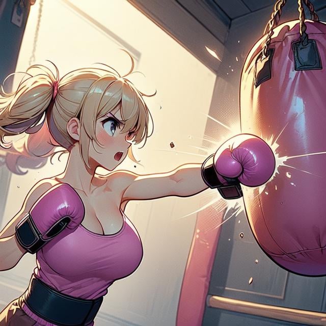 (((masterpiece))), (((best quality))), (((hanging sandbag))), (((outstretched fist))), (((punching))), (((impact))), (((spiral wind on fist))), (((boxer helmet))), ((boxing gloves)), pink tank top, training gym, wind, glowing, speed lines, solo, 1girl, collarbone, ((cleavage)), (((big tits))), blonde twintails, ribbon, open mouth, shy, blush, slim figure, <lora:girllikehangingsandbag:1>