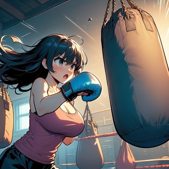 (((masterpiece))), (((best quality))), (((hanging sandbag))), ((punching)), ((impact)), ((spiral wind on fist)), boxer helmet, boxing gloves, tank top, training gym, wind, glowing, speed lines, solo, 1girl, collarbone, ((cleavage)), (((big tits))), black longhair, ribbon, open mouth, shy, blush, slim figure, <lora:girllikehangingsandbag:1>