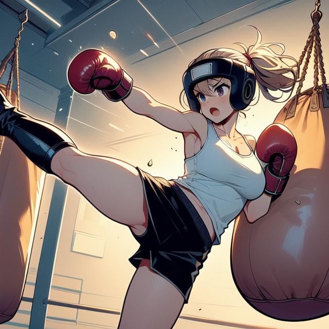 (((masterpiece))), (((best quality))), (((hanging sandbag))), (((outstretched fist))), (((punching))), (((impact))), (((spiral wind on fist))), (((boxer helmet))), ((boxing gloves)), (((raise boots))), (((fly kick))), beige tank top, training gym, wind, glowing, speed lines, solo, 1girl, collarbone, ((cleavage)), (((big tits))), brown ponytail, ribbon, sweat, open mouth, shy, blush, slim figure, wet body, <lora:girllikehangingsandbag:1>