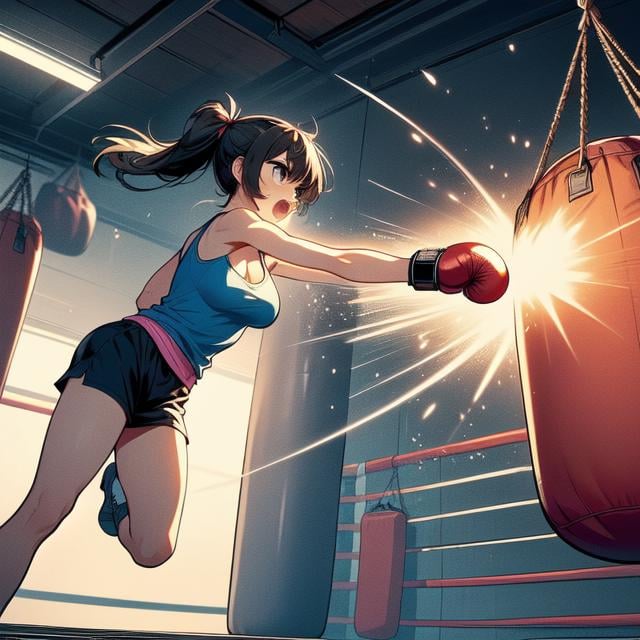 (((masterpiece))), (((best quality))), (((hanging sandbag))), (((outstretched fist))), (((punching))), (((impact))), (((spiral wind on fist))), (((boxer helmet))), ((boxing gloves)), (((raise knee))), (((fly kick))), blue tank top, training gym, wind, glowing, speed lines, solo, 1girl, collarbone, ((cleavage)), (((big tits))), brown ponytail, ribbon, sweat, open mouth, shy, blush, slim figure, wet body, <lora:girllikehangingsandbag:1>