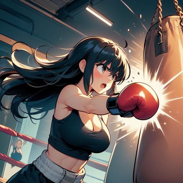 (((masterpiece))), (((best quality))), (((hanging sandbag))), ((punching)), ((impact)), ((spiral wind on fist)), boxer helmet, boxing gloves, tank top, training gym, wind, glowing, speed lines, solo, 1girl, collarbone, ((cleavage)), (((big tits))), black longhair, ribbon, open mouth, shy, blush, slim figure, <lora:girllikehangingsandbag:1>