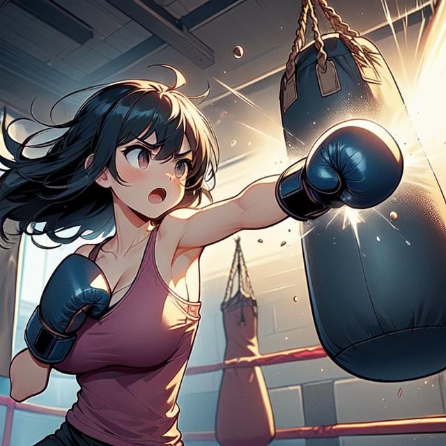 (((masterpiece))), (((best quality))), (((hanging sandbag))), (((outstretched fist))), ((punching)), ((impact)), ((spiral wind on fist)), boxer helmet, boxing gloves, tank top, training gym, wind, glowing, speed lines, solo, 1girl, collarbone, ((cleavage)), (((big tits))), black longhair, ribbon, open mouth, shy, blush, slim figure, <lora:girllikehangingsandbag:1>