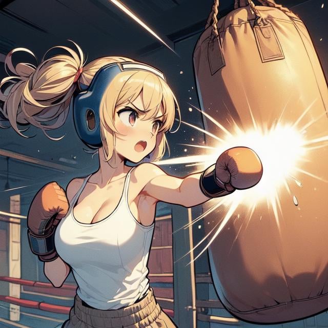 (((masterpiece))), (((best quality))), (((hanging sandbag))), (((outstretched fist))), (((punching))), (((impact))), (((spiral wind on fist))), (((boxer helmet))), ((boxing gloves)), beige tank top, training gym, wind, glowing, speed lines, solo, 1girl, collarbone, ((cleavage)), (((big tits))), blonde twintails, ribbon, open mouth, shy, blush, slim figure, <lora:girllikehangingsandbag:1>