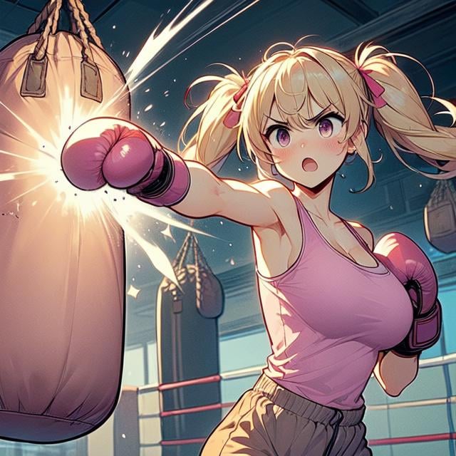 (((masterpiece))), (((best quality))), (((hanging sandbag))), (((outstretched fist))), ((punching)), ((impact)), ((spiral wind on fist)), ((boxer helmet)), ((boxing gloves)), pink tank top, training gym, wind, glowing, speed lines, solo, 1girl, collarbone, ((cleavage)), (((big tits))), blonde twintails, ribbon, open mouth, shy, blush, slim figure, <lora:girllikehangingsandbag:1>