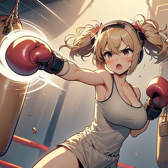 (((masterpiece))), (((best quality))), (((hanging sandbag))), (((outstretched fist))), (((punching))), (((impact))), (((spiral wind on fist))), (((boxer helmet))), ((boxing gloves)), beige tank top, training gym, wind, glowing, speed lines, solo, 1girl, collarbone, ((cleavage)), (((big tits))), blonde twintails, ribbon, open mouth, shy, blush, slim figure, <lora:girllikehangingsandbag:1>