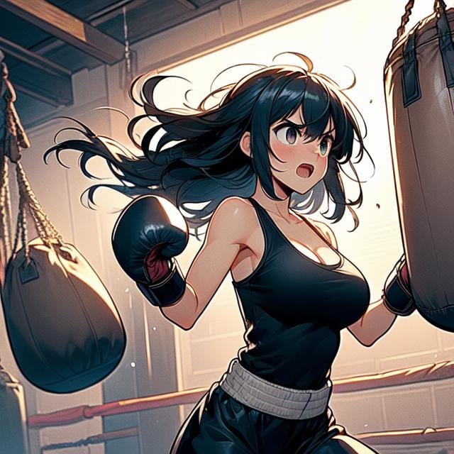 (((masterpiece))), (((best quality))), (((hanging sandbag))), ((punching)), ((impact)), ((spiral wind on fist)), boxer helmet, boxing gloves, tank top, training gym, wind, glowing, speed lines, solo, 1girl, collarbone, ((cleavage)), (((big tits))), black longhair, ribbon, open mouth, shy, blush, slim figure, <lora:girllikehangingsandbag:1>